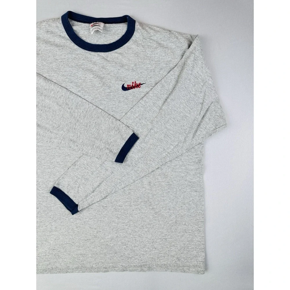 Vintage 90s Nike Embroidered Script Logo Long Sleeve Ringer T Shirt USA Made L